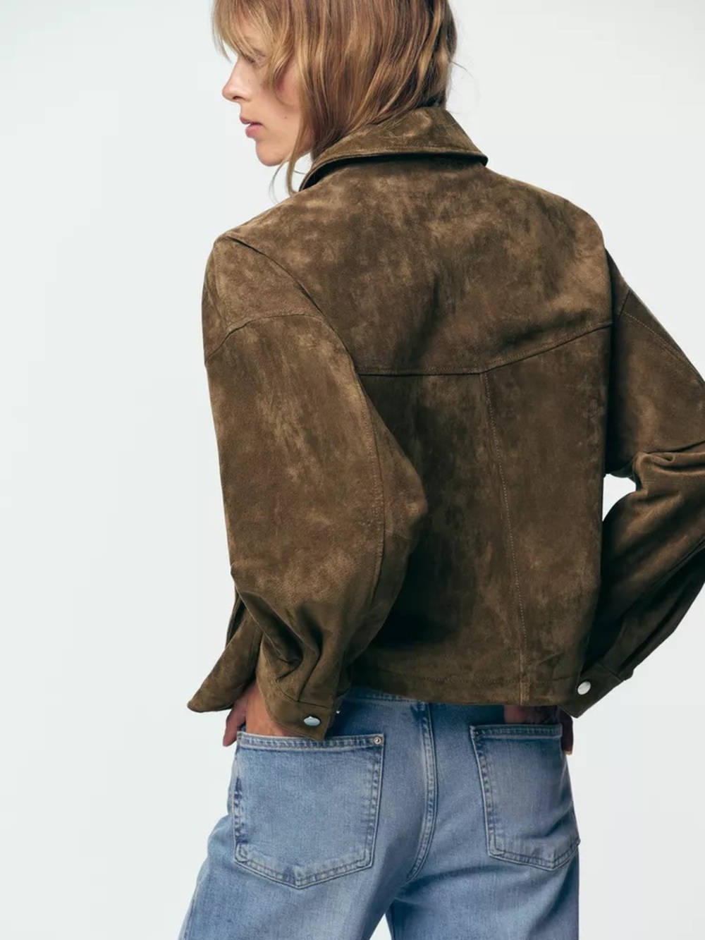 NWT Zara 100% Leather Suede Bomber Jacket Khaki Dusty Cocoa Brown - Picture 7 of 14